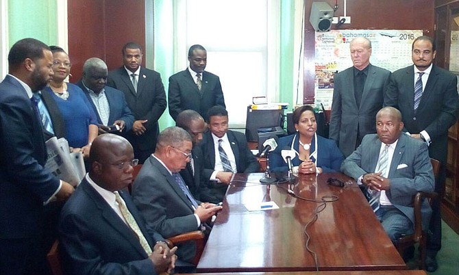 
LEADER of the Official Opposition in Parliament Loretta Butler-Turner speaks today with DNA leader Branville McCartney to her right. 