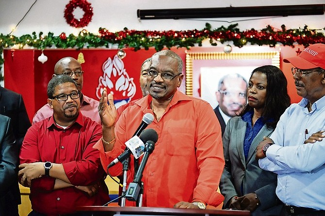 Dr Hubert Minnis, leader of the FNM, speaking at the ratification of two new party candidates - Adrian Gibson, candidate for Long Island, and James Albury, candidate for Central and South Abaco. Photo: Shawn Hanna/Tribune Staff