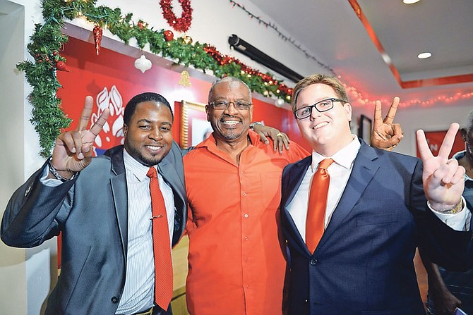 Adrian Gibson, left, FNM candidate for Long Island, pictured alongside Dr Hubert Minnis, FNM leader, and James Albury, newly ratified FNM candidate for Central and South Abaco. 
Photos Shawn Hanna
