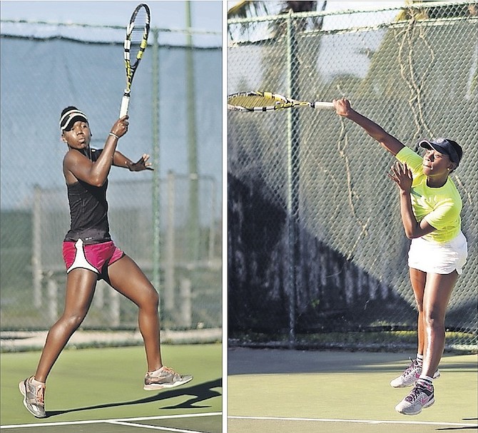 TITLE MATCH: Iesha Shepherd (left) and Sydney Clarke in action yesterday.
Photos: Shawn Hanna/The Tribune