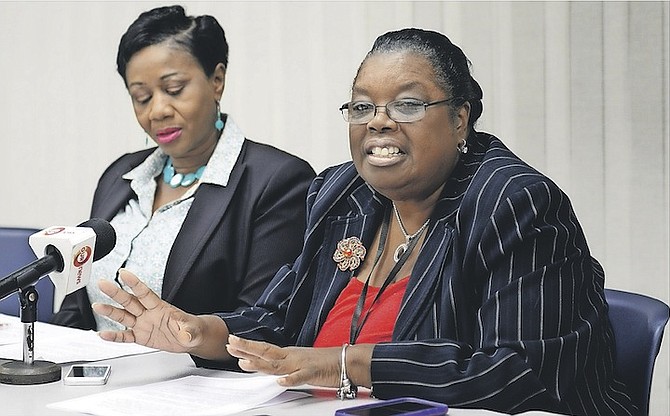 Statistician Cypreanna Winters and Leona Wilson, acting director of statistics, held a press conference at the Department of Statistics to announce the November 2016 Labour Force Survey results.
Photo: Shawn Hanna/Tribune Staff