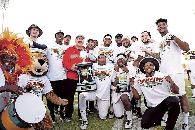 CHAMPIONS: Old Dominion Monarchs celebrate after beating the Eastern Michigan Eagles 24-20 in the Popeyes Bahamas Bowl.
                                                                                                                                                                                                 Photo: Shawn Hanna/The Tribune
