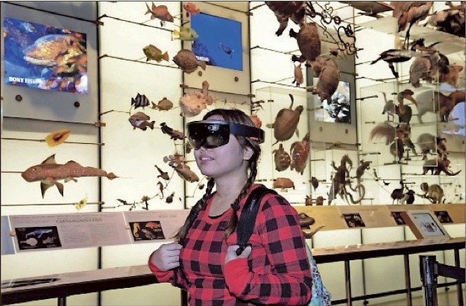 A visitor at the American Museum of Natural History in New York experiences ‘AR Shark,’ a prototype augmented reality program that overlays CT scan data on a Mako shark model in the Hall of Biodiversity. (AP)