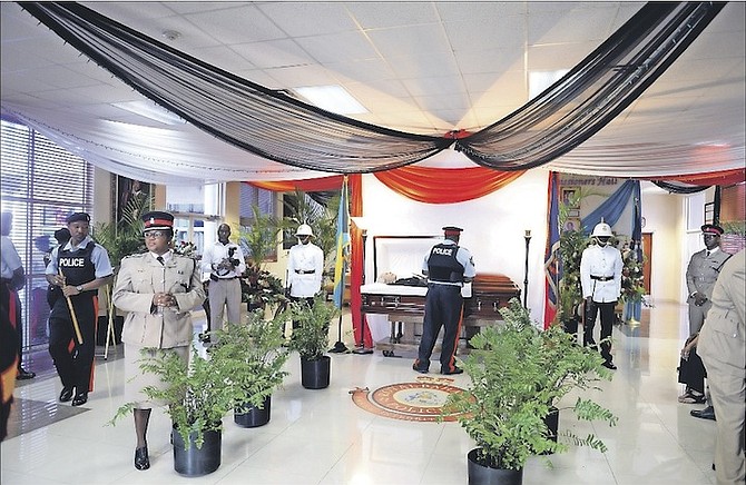 The viewing for the late retired Deputy Superintendent of Police Errington ‘Bumpy’ Watkins at the Paul Farquharson Conference Centre, Police Headquarters. Photo: Shawn Hanna/Tribune Staff