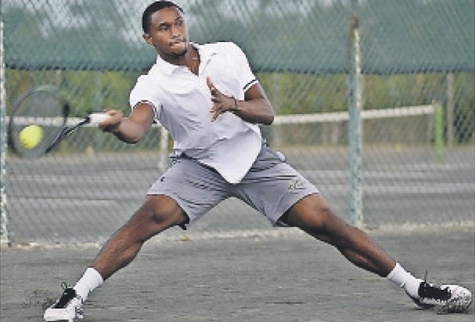 JUSTIN ROBERTS returns against Kevin Major Jr during the Brajaxba 2016 Elite Tennis Exhibition at Winton Tennis Centre on Saturday. Roberts lost the match but his white team prevailed with the victory over the blue team.
Photo: Shawn Hanna/The Tribune