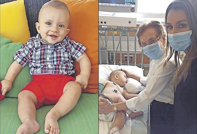 Cheeky Aidan Roger Carron (left) bouncing with health but a week or so later after routine vaccinations (right), he is on life support, rigged up to IV drips, blood and platelet transfusions and heartbeat monitors, clinging to life as a deadly disease ravishes his tiny body, watched by his mother Elizabeth Dupuch Carron and grandmother Eileen Carron. 