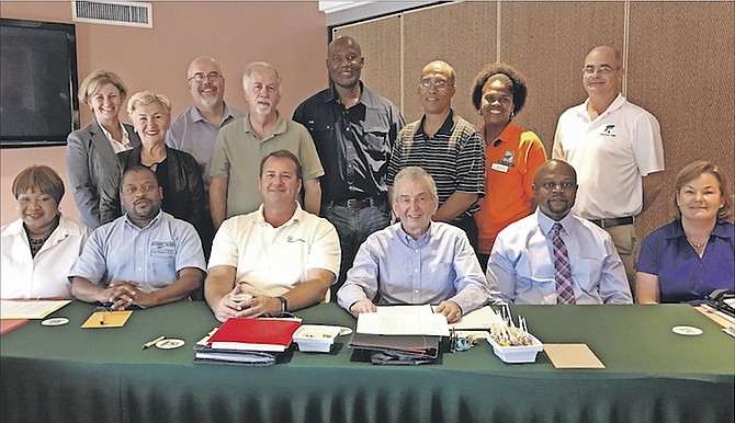 Members of the Grand Bahama Chamber of Commerce at the first meeting of the new board of directors. From left (front row) are Executive Director Mercynth Ferguson; Treasurer Ralph Hepburn; 1st Vice President Dan Romence; President Mick Holding; 2nd Vice President Lawrence Palmer; and Secretary Karin Sanchez. Back row (from left) are Lesley Davies-Baptista; Rengin Johnson; Erik Russell; Daniel Lowe; Greg Laroda; Dillon Knowles; Patra Albury; and Jeremy Cafferata. Not pictured is board member Edward Marshall.
