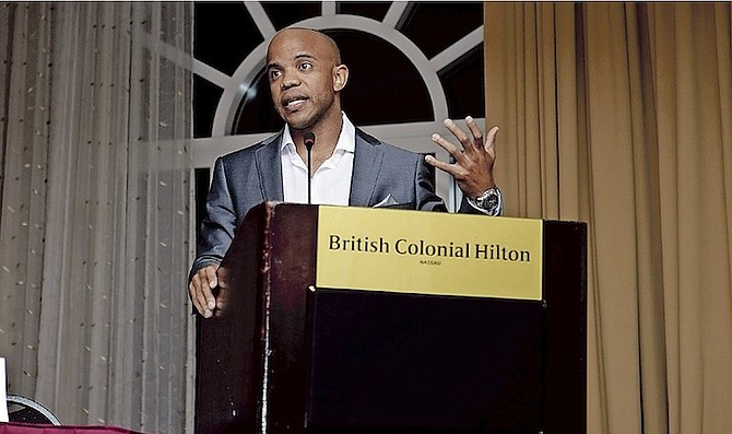 ANTOAN RICHARDSON speaks at his ‘Career Paths to Athletic Success forum at the British Colonial Hilton.   Photo by Shawn Hanna/Tribune Staff