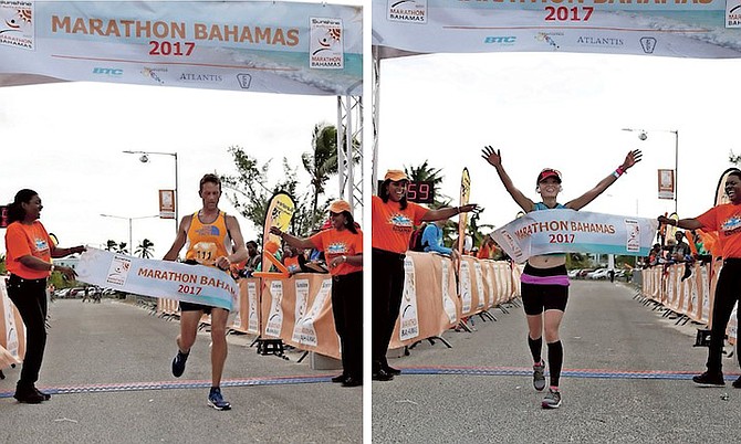 Leigh Schmitt and Chen Lo cross the finish line at the marathon yesterday. 
Photos: Terrel W Carey/Tribune Staff