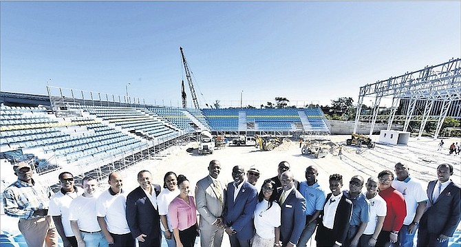 STADIUM TOUR: Local Organising Committee members on tour at the new beach soccer complex yesterday.
Photo: Kemuel Stubbs