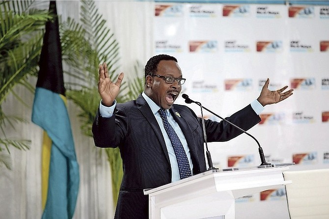 Minister of Youth, Sports and Culture Dr Daniel Johnson gives remarks yesterday during a press conference held by sporting officials to announce this year’s IAAF World Relays Bahamas. 
Photo: Shawn Hanna/Tribune Staff