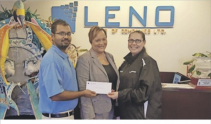 CORPORATE SPONSOR: Shown (l-r) are Khalil Braithwaite, manager of business development at Leno Corporate Services, Nicole Reilly, Barracuda Swim Club treasurer, and Rochelle Bastian, of the Barracuda Swim Club.
