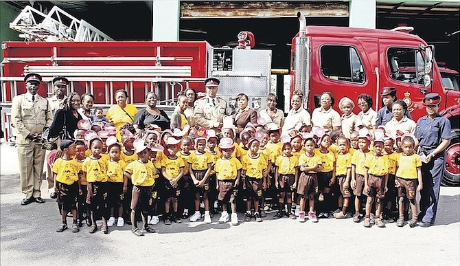 Youngsters from Naomi Blatch Pre-School along with staff and members of the Royal Bahamas Police Force’s Fire Services Division during their visit. Photo: Letisha Henderson/BIS