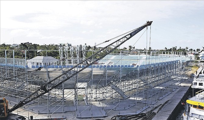 A VIEW of the rising structure of the new beach soccer stadium at Malcolm Park West. 
                                                                                                                                                                                              Photo: Terrel W Carey/Tribune Staff