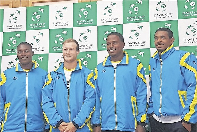 LET THE GAMES BEGIN: Shown (l-r) are Team Bahamas members Philip Major Jr, Spencer Newman, player/captain Marvin Rolle and Justin Lunn. The team has spent the past few days preparing for their first round of the American Zone II Davis Cup tie, which is scheduled to begin this morning in Miami, Florida.