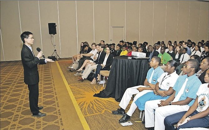 Mathematician Po-Shen Loh addressing students at the Melia Nassau Beach Resort. 