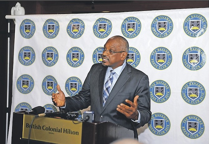 Dr Hubert Minnis, leader of the FNM as he addresses members of the Bahamas Press Club at The Hilton. Photo: Shawn Hanna/Tribune Staff