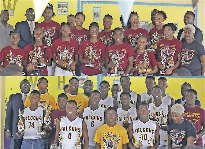WE ARE THE CHAMPIONS: The Jordan Prince William Falcons girls (top) and boys (above) basketball teams show off their trophies.

