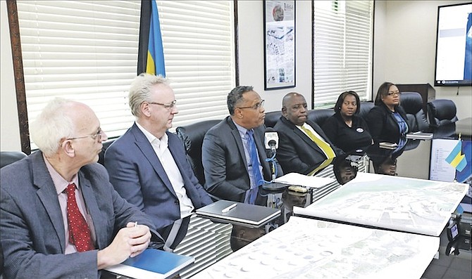 From left, Jacob van der Schaaf, chemical engineer at Antea Group; Matthew Pronk, consultant Antea Group; Minister for Grand Bahama Dr Michael Darville; Undersecretary in the Prime Minister’s Office Harcourt Brown; Tammi Mitchell, deputy co-ordinator of Disaster Committee; and Leslie Dorsett, of the Ministry of Grand Bahama, at a press conference on Friday about the start of a safety assessment of the Pinder’s Point, Lewis Yard, and Hawksbill communities in relation to their proximity to the industrial park. Photo: Lisa Davis/BIS

