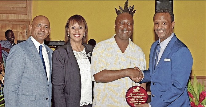 From left, Carlton Russell, President of the Bahamas Hotel and Tourism Association; Joy Jibrilu, Director General, Bahamas Ministry of Tourism; Tyrone Anderson, Cacique Awards semi-finalist; and Stuart Bowe, Immediate Past President, Bahamas Hotel and Tourism Association.
