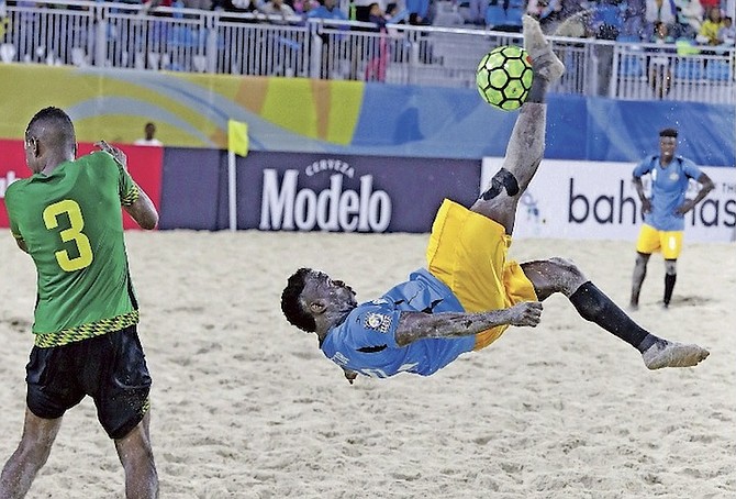 HAT TRICK: Lesly St Fleur in action as the Bahamas clinched a 3-2 victory over Jamaica in the CONCACAF Beach Soccer Championship.  
Photo: Terrel W Carey/Tribune Staff