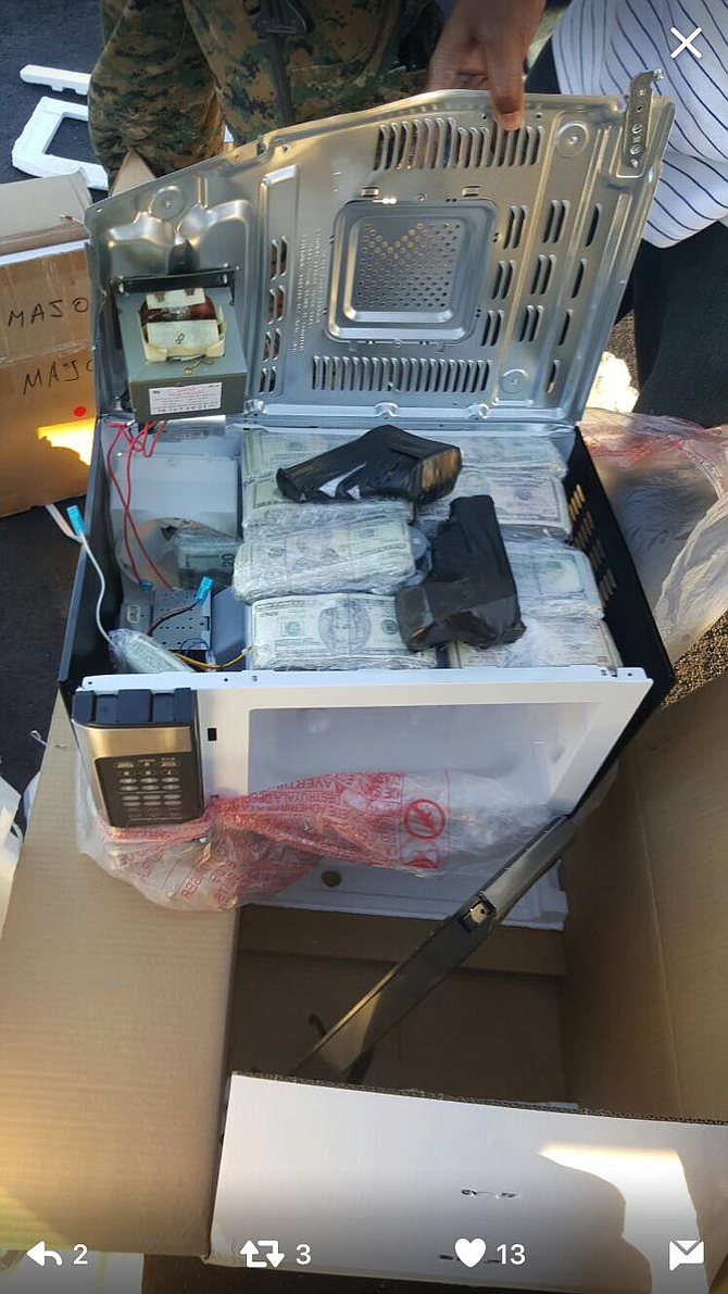 Money, drugs and firearms were found aboard a twin engine plane at Abaco airport on Friday afternoon