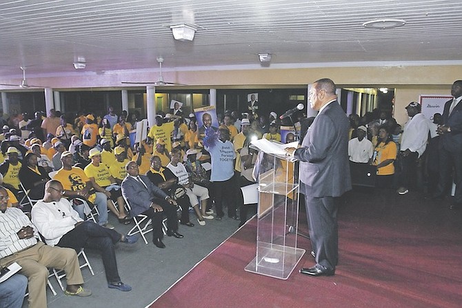 Prime Minister Perry Christie addressing PLP supporters at last night’s event. 