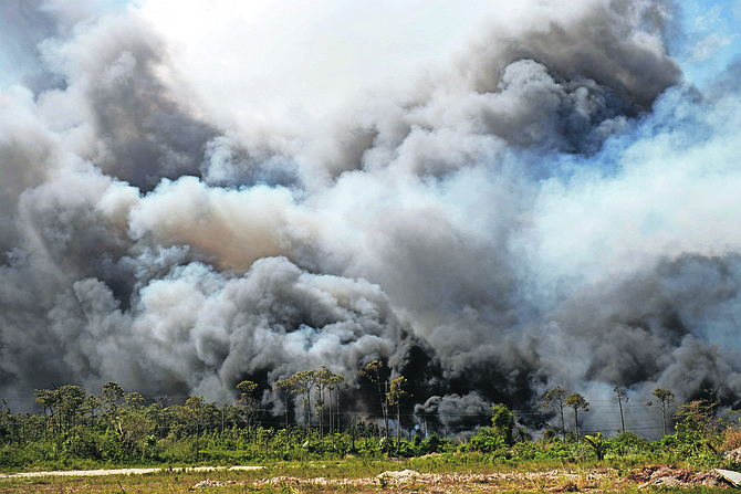 Smoke billows from the fire at the city dump on Sunday afternoon. Photo: Shawn Hanna/Tribune Staff