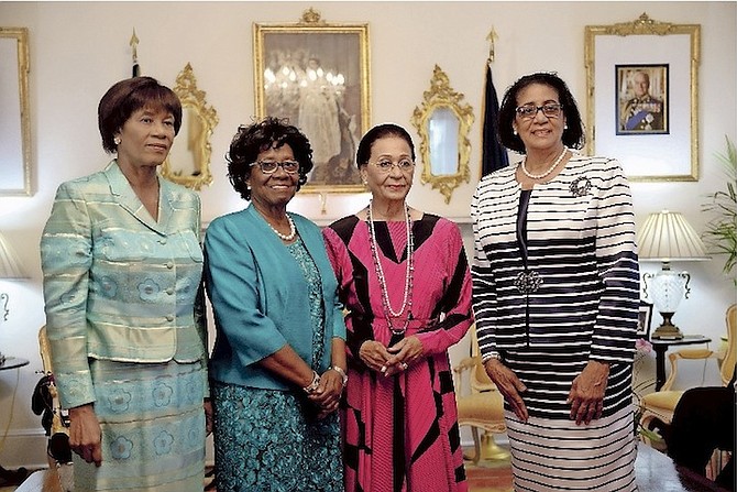 From left, Portia Simpson-Miller, former Prime Minister of Jamaica; Dame Calliopa Pearlette Louisy, Governor General of Saint Lucia; Dame Marguerite Pindling, Governor General of The Bahamas; and Dame Cecile la Grenade, Governor General of of Grenada. 
Photo: Shawn Hanna/Tribune Staff