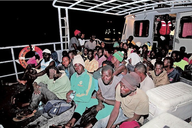 The suspected Haitian migrants after being apprehended in waters off the Exuma chain on Wednesday evening by the Royal Bahamas Defence Force. 
Photo: Leading Mechanic Al Rahming/RBDF 
