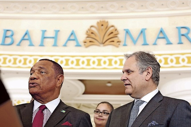 Prime Minister Perry Christie and Graeme Davis, CTFE president, pictured outside the Baha Mar casino on Tuesday. 
Photo: Terrel W. Carey/Tribune Staff