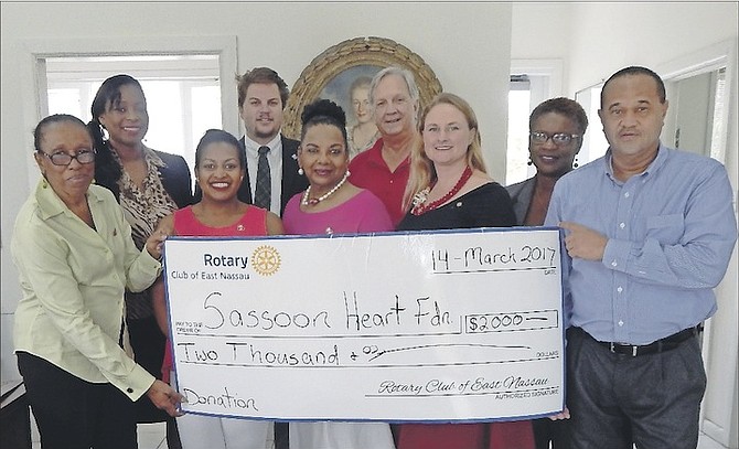 From left, Linda Lafleur; Heart Foundation treasurer and trustee, Hope Sealey; Rotary president-elect, Erin Jones; Rotarian, Adrian White; Rotary secretary and director, Marilyn Cambridge; chairperson Heart Ball Committee, Roy Barnes; Heart Foundation chair, Diane de Cardenas; Rotary president, Constance Gibson; Rotary director, Keith Sands; Rotary director.
