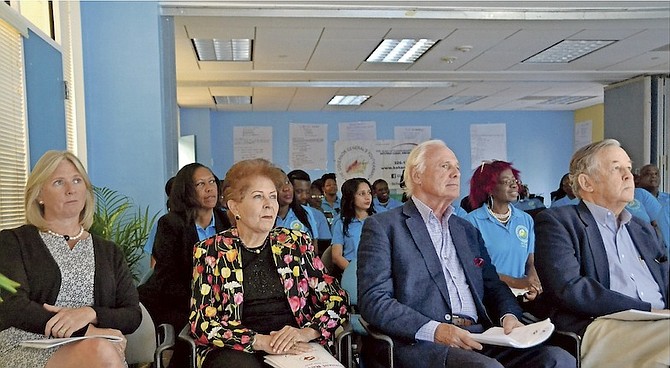 The Governor General’s Youth Award paid tribute to its outgoing chairman, former Governor General Sir Orville Turnquest at its annual general meeting on Saturday at the Ministry of Youth, Sports and Culture. From left, Rosamund Roberts, secretary to the board; Susan Black, member of the board of trustees; William Birchall, member of the board of trustees and new chairman John Bethell Jr.
