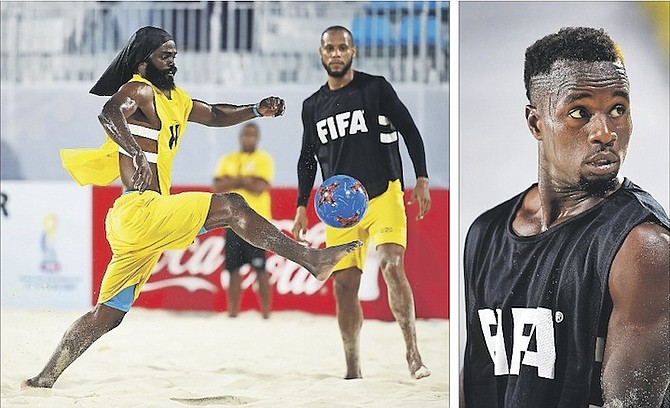 GO BAHAMAS: Bahamian players (l-r) Nesley Jean, captain Gavin Christie and Lesly St Fleur can be seen during a training session yesterday in preparation for tonight’s game.                                                                                                                                                             
Photos: Lea Weil 