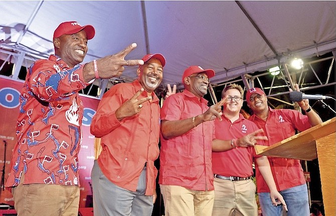 FNM leader Dr Hubert Minnis with FNM candidates at last night’s rally in North Abaco. Photo: Yontalay Bowe