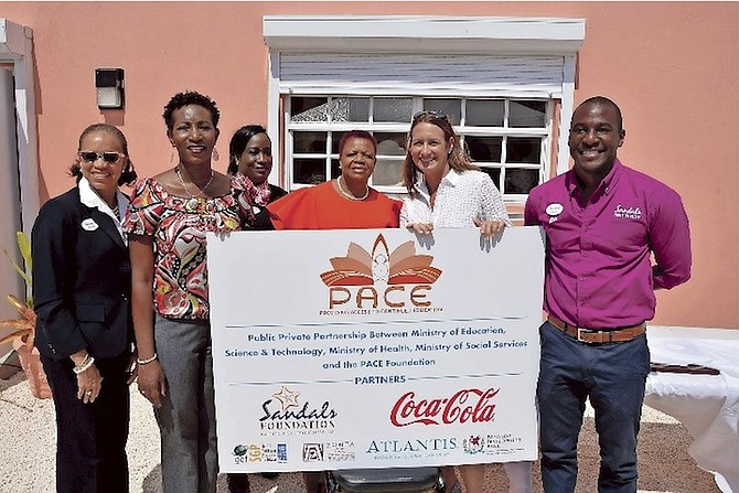 (l-r) Kalya Hilton, manager of Environent, Health and Safety at Sandals Royal Bahamian; Sonia Brown, president of the PACE Foundation; Kawanda Stuart from the executive office at Sandals; Jackie Knowles, head administrator at PACE; Heidi Clarke, director of programmes the Sandals Foundation; Lazar Delorenzo Charlton, public relations manager at Sandals.