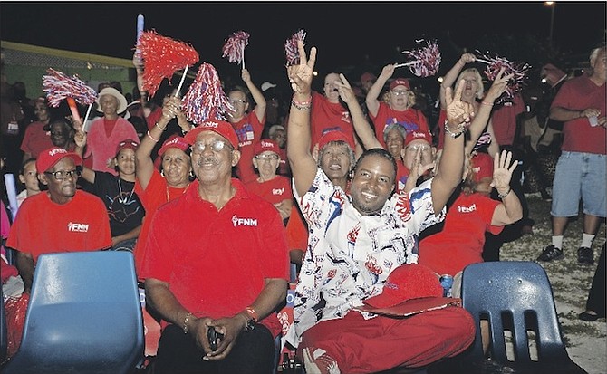 Long Island candidate Adrian Gibson, right, alongside FNM chairman Sidney Collie Thursday night.
Photo: Yontalay Bowe/FNM