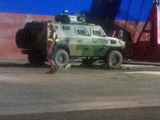 One of the armoured vehicles unloaded at the dockside