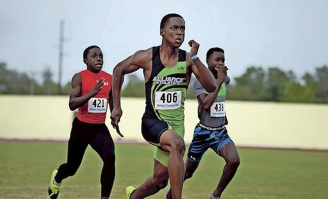 CREAM OF THE CROP: Young athletes compete in the Bahamas Association of Athletic Associations’ Youth Nationals Championships.The two-day event, staged at the original Thomas A Robinson Track and Field Stadium over the weekend, served as the trials for the team that will represent the Bahamas in the inaugural North American and Central American and Caribbean Age Group Championships. 
                                                                                                                                                                                                Photo: Shawn Hanna/Tribune Staff