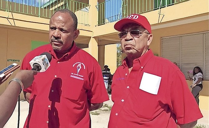 Free National Movement (FNM) Elizabeth candidate Dr Duane Sands (left) yesterday raised alarm about the “missing” ballots, which he said could be a threat to the country’s electoral process. Hubert Chipman looks on.
