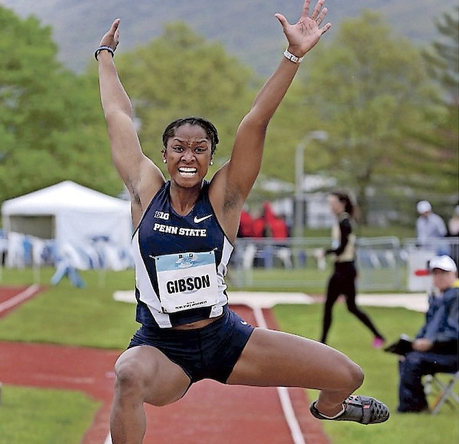 WINNING WAYS: Danielle Gibson in action in the triple jump at the Nittany Lion Outdoor Track in University Park, Philadelphia. She closed out her Big Ten Conference appearance as a triple jump champion.
