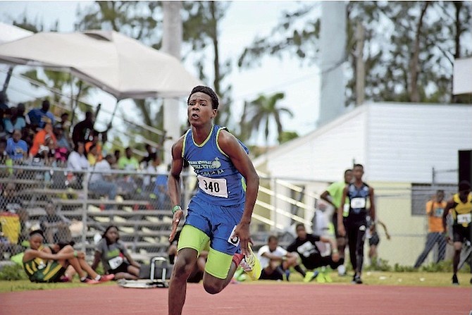 A YOUNG athlete competes in the Ambassadors Track Club’s Annual Fritz Grant Track & Field Invitational at the original Thomas A Robinson Track and Field Stadium on Saturday.
Photo: Shawn Hanna/Tribune Staff
