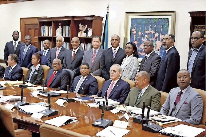 The first Cabinet meeting held under the new government at the Office of the Prime Minister. Photo: Terrel W. Carey/Tribune Staff