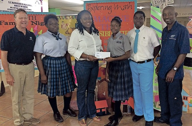 Junior high school students throughout The Bahamas got a chance to participate in the Sixth Annual Mathematics Competition hosted by SC McPherson Junior High School last month. Consolidated Water Co  Ltd. (CWCO) made a donation to the school to assist in purchasing prizes, certificates and trophies for winners and participants. L-R: CWCO General Manager Bryan Russell, TA Thompson Junior High School student Skye Cooper, CWCO Administrative Assistant Welliya Cargill, SC McPherson student Krizia Smith, South Andros High School student Tristan Smith and CWCO Operations Supervisor Jeffrey Burrows. 
Photo: Samone Davis/Serena Williams P.R.