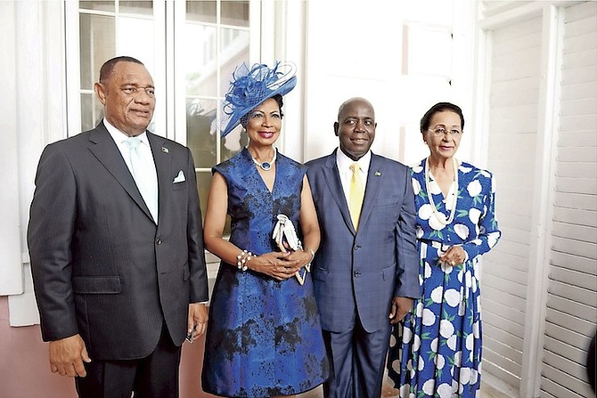 The new leader of the Opposition, Philip 'Brave' Davis and his wife, Anne-Marie, with former prime minister Perry Christie and Governor General Dame Marguerite Pindling at Friday’s swearing-in ceremony. Photo: Shawn Hanna/Tribune Staff