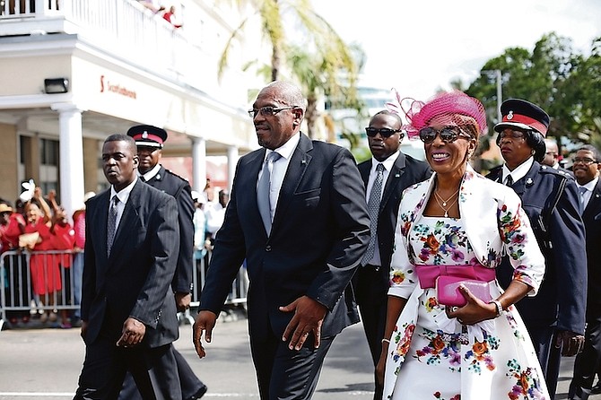 Prime Minister Dr Hubert Minnis and his wife Patricia Minnis arrive at Parliament.