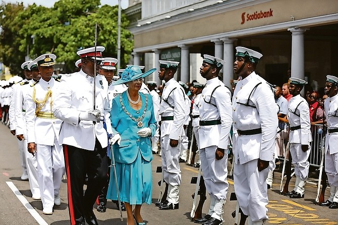 Governor General Dame Marguerite Pindling conducting the inspection of the guards yesterday.

Photo: Terrel W. Carey/Tribune Staff