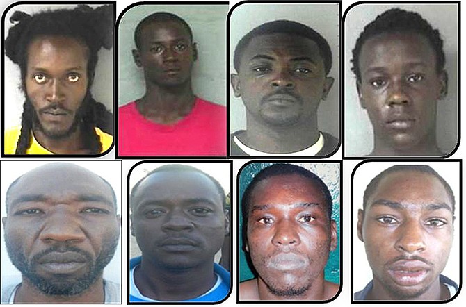 CLOCKWISE FROM TOP LEFT - Eight men who are wanted on murder charges: 33–year-old Patrick Goffee of Washington Street is a dark brown male, slim build, about 6’ 3” tall; 25-year-old Gibson Baptiste of Golden Isle Road is a dark brown male, slim build, about 6’ tall; 30-year-old Jermaine Scott of Dominica Street, Golden Gates is a dark brown male, medium build, about 6’ 1” tall; 18-year-old Julio Edwin Deveaux of Morley Street is a dark brown male, slim build, about 5’ 9” tall; 32-year-old Dwight Morrison, otherwise called “Kitty” of Monastery Park off Bernard Road, is a dark brown male, slim build, about 5’ 9” tall; 28-year-old Alfred George of Knowles Drive of Tonique Williams-Darling Highway is a dark brown male, slim build, about 5’ 7” to 5’ 11” tall; 31-year-old Tico Omar Lightbourne of McCartney Lane and Wilson Track is a dark brown male, medium build, about 5’ 5” to 5’ 7” tall; 42-year-old Ronald Nottage otherwise called “Ronny” of Sumner Street, Nassau Village is a dark brown male, medium build, about 5’ 7” to 5’ 11” tall.