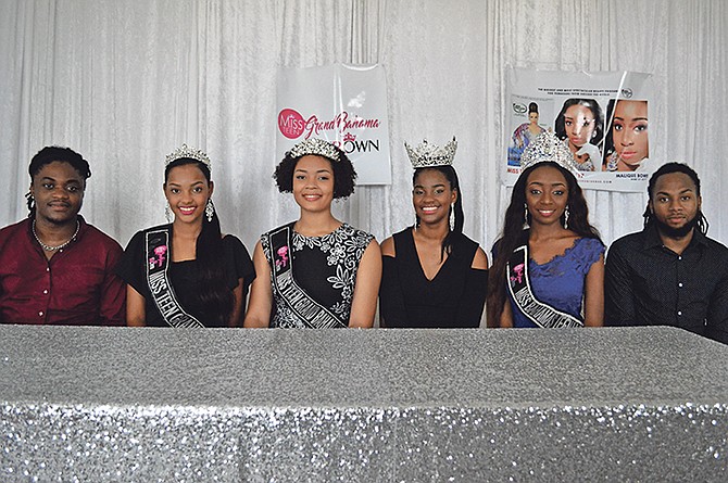 From left, pageant founder/organiser Darold Stubbs; Makel Yallop, Miss Teen Grand Bahama; Hailey Adderley, Miss Teen Grand Bahama International; Sasha Miller, Miss Teen Goodwill Ambassador; and Malik Bowe, Miss Teen Universe/Commonwealth Bahamas, and pageant founder/organiser Dominic Russell. Photo: Jade Adderley