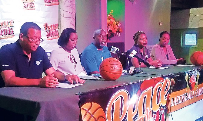 Dr Carlos Reid (centre) is flanked by sponsors and organisers of the 22nd ‘Peace on da Streets’ Basketball Classic.